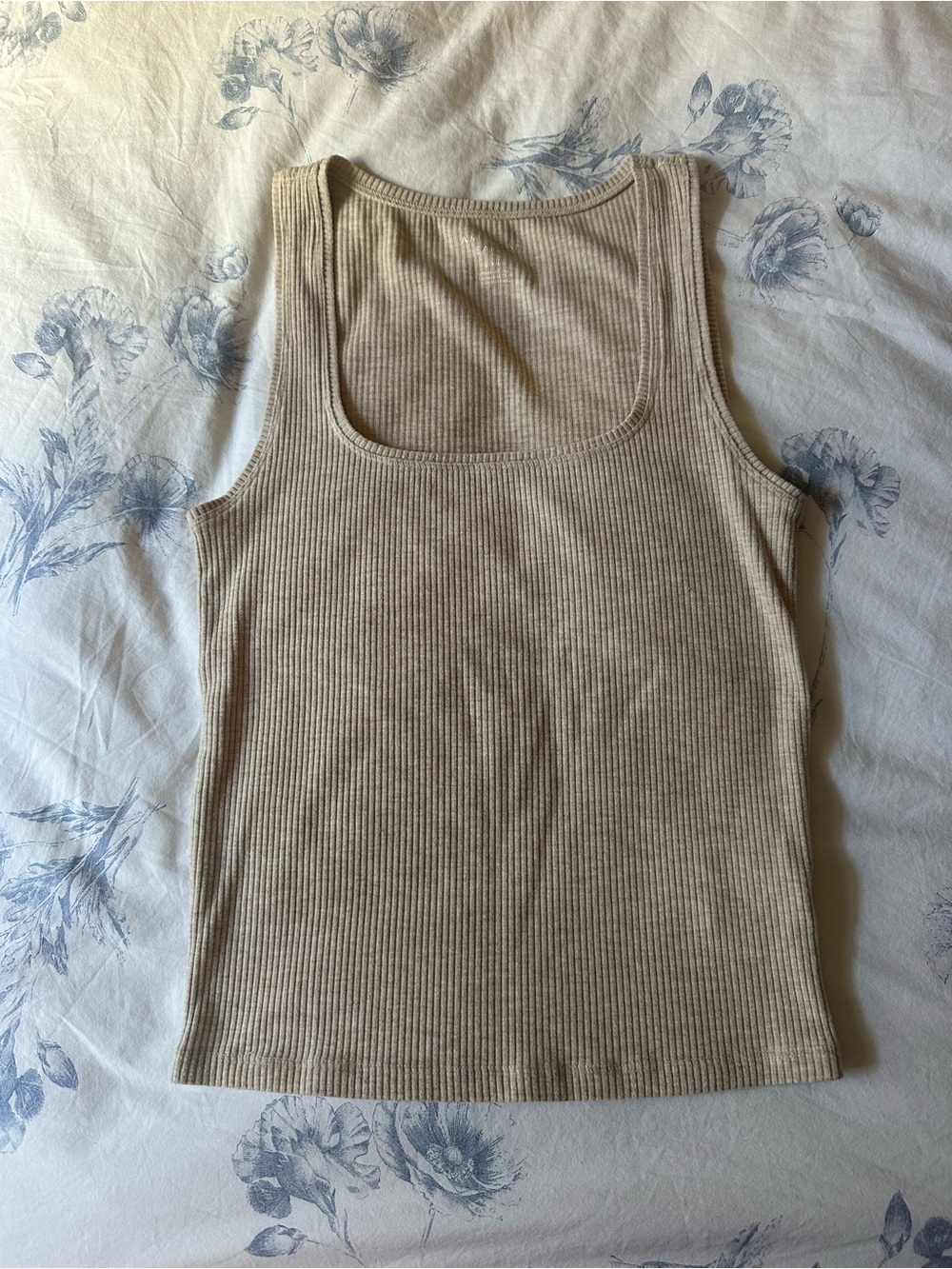 Ribbed Scoop Neck Tank Top - Beige